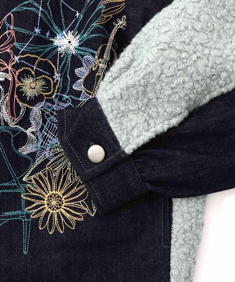 IS ScoLar（イズスカラー）花蝶刺繍デニム×プードルボア 切替