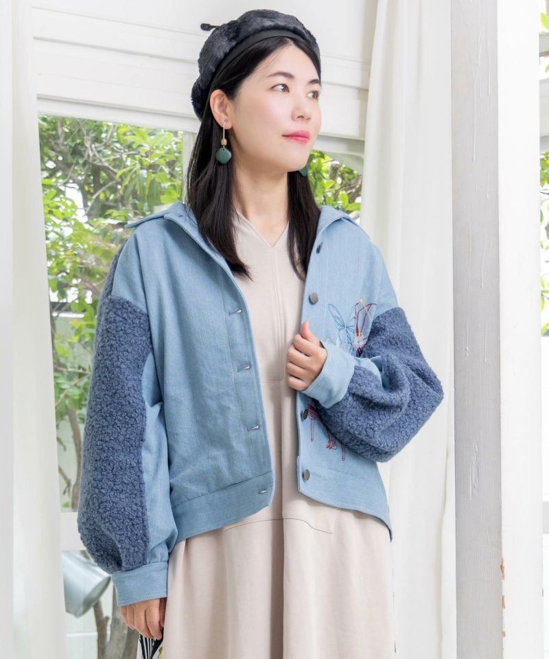 IS ScoLar（イズスカラー）花蝶刺繍デニム×プードルボア 切替