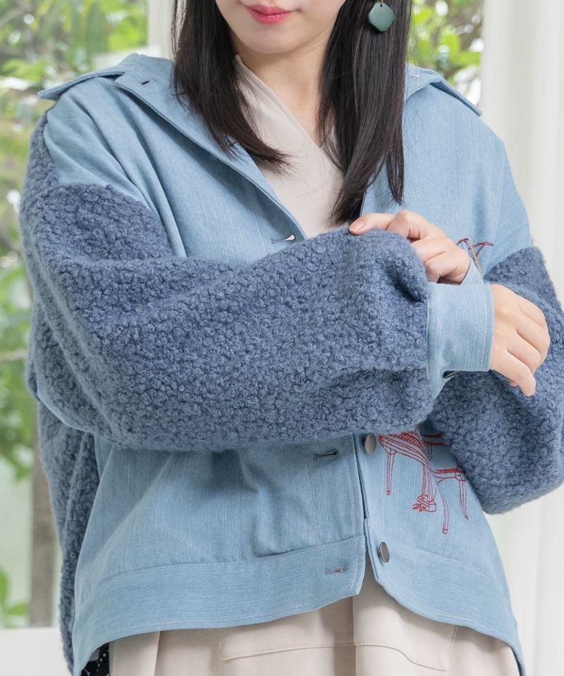 IS ScoLar（イズスカラー）花蝶刺繍デニム×プードルボア 切替 