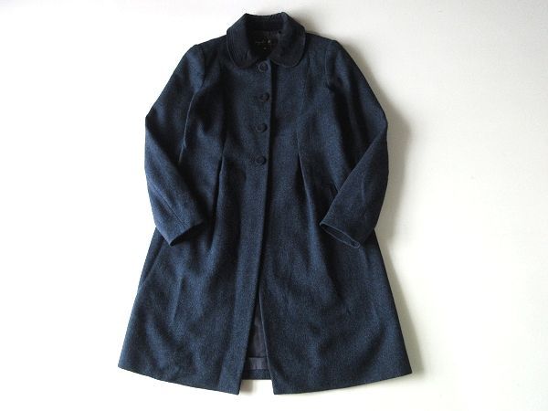 アニエスベー　フランス製　ツイードコート　ベルベット襟　ウール　ネイビー　36 フランス製 agnes b. アニエスベー ベルベット/ベロア切替 丸襟 ウール