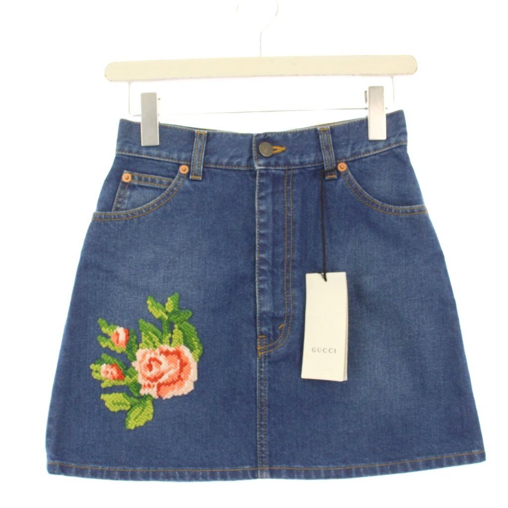 グッチ GUCCI フラワー刺繍 デニムスカート 台形 ミニ 38 青 456973