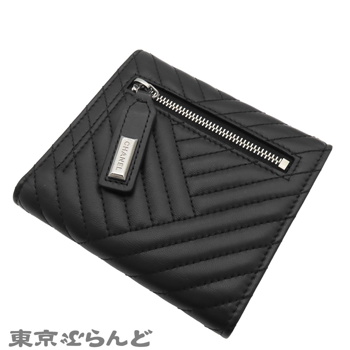 シャネル CHANEL 三つ折り財布 ブラック 黒 シルバー金具 ラムスキン 