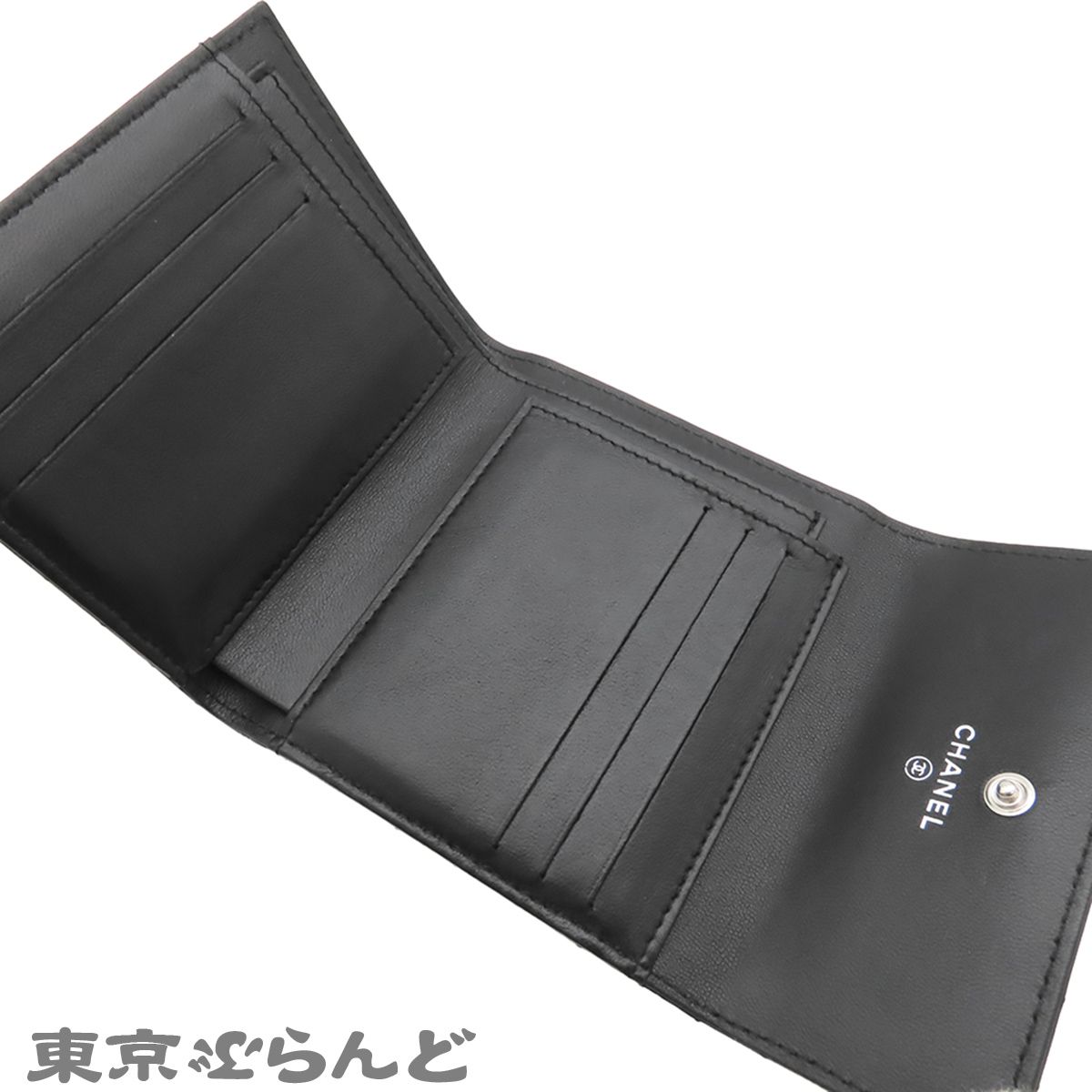 シャネル CHANEL 三つ折り財布 ブラック 黒 シルバー金具 ラムスキン 