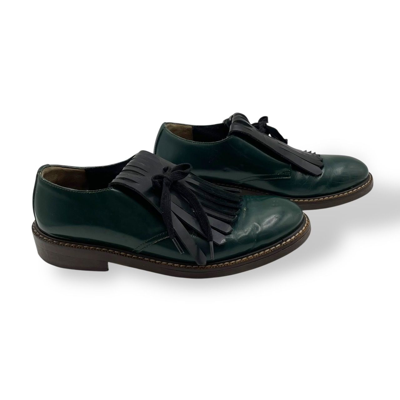 美品 MARNI マルニ レザーシューズ フリンジ レースアップ 革靴 緑