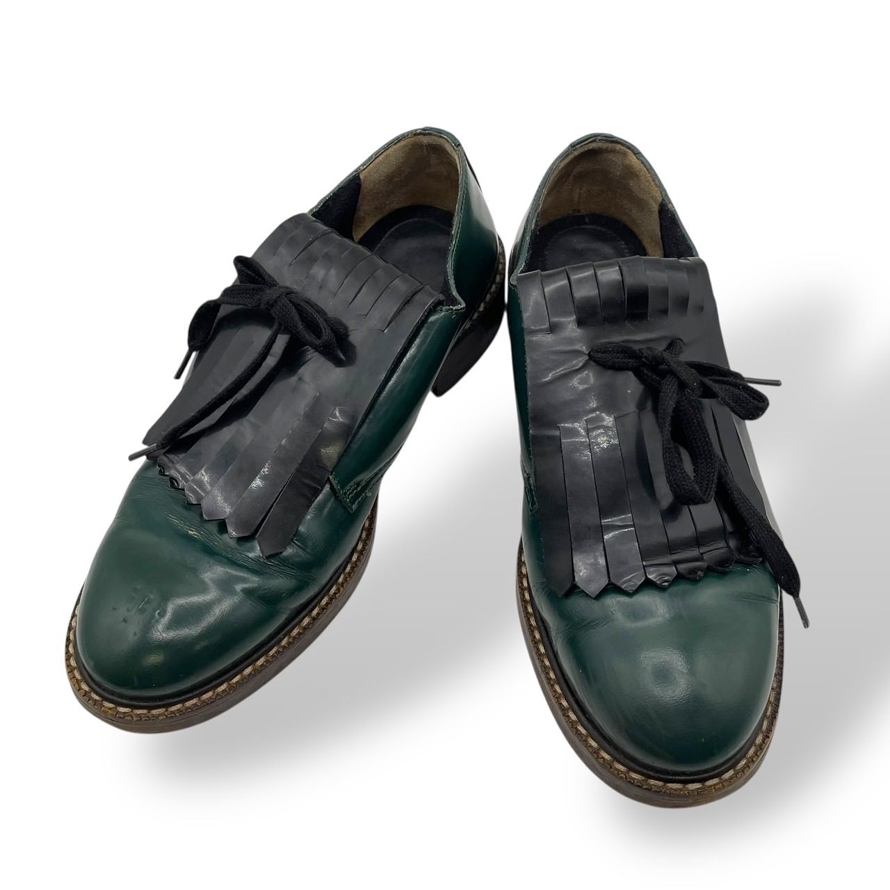 美品 MARNI マルニ レザーシューズ フリンジ レースアップ 革靴 緑