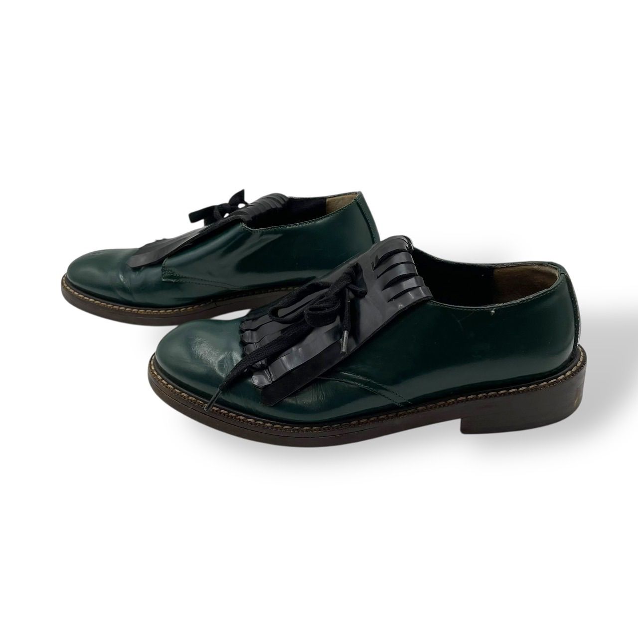 美品 MARNI マルニ レザーシューズ フリンジ レースアップ 革靴 緑