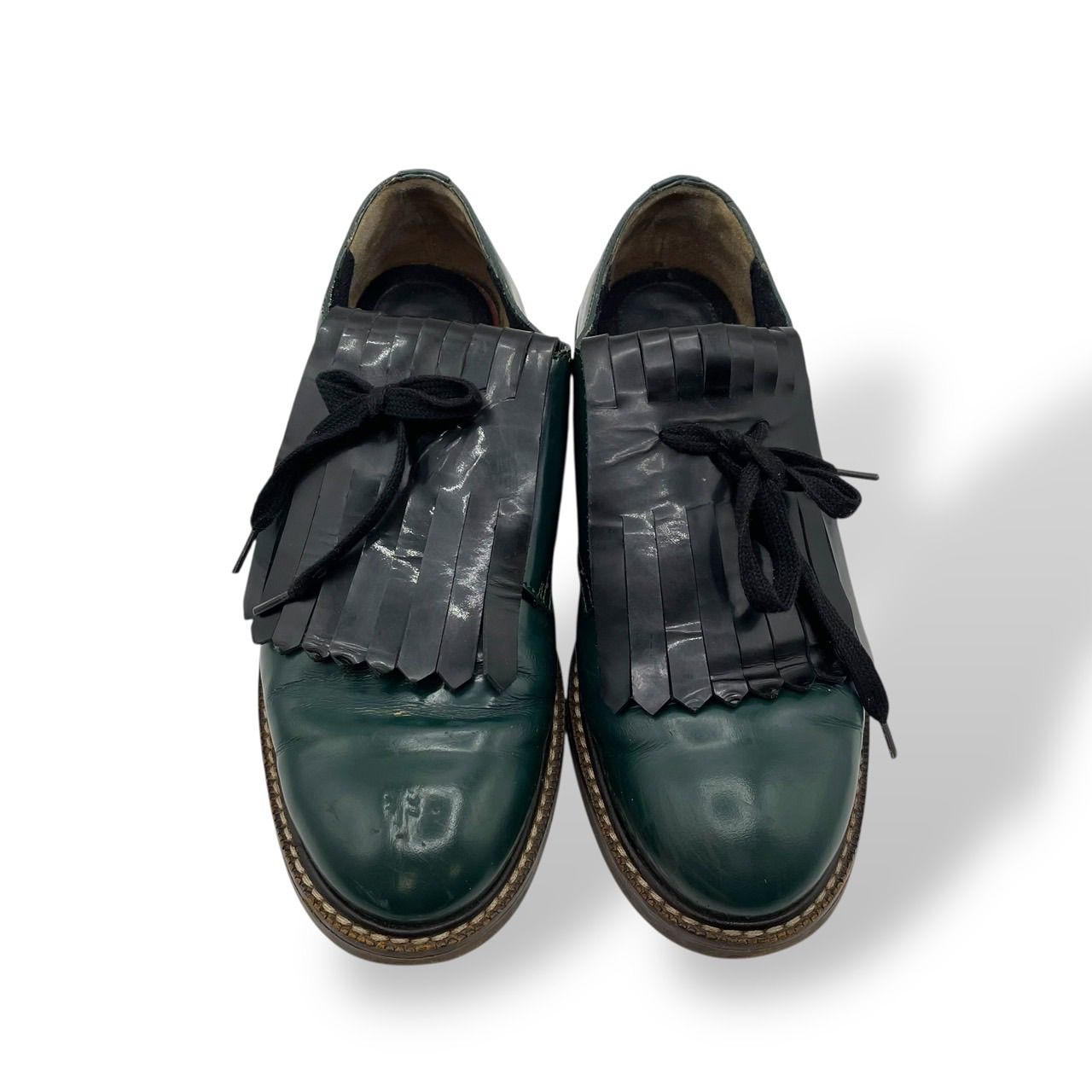 美品 MARNI マルニ レザーシューズ フリンジ レースアップ 革靴 緑 