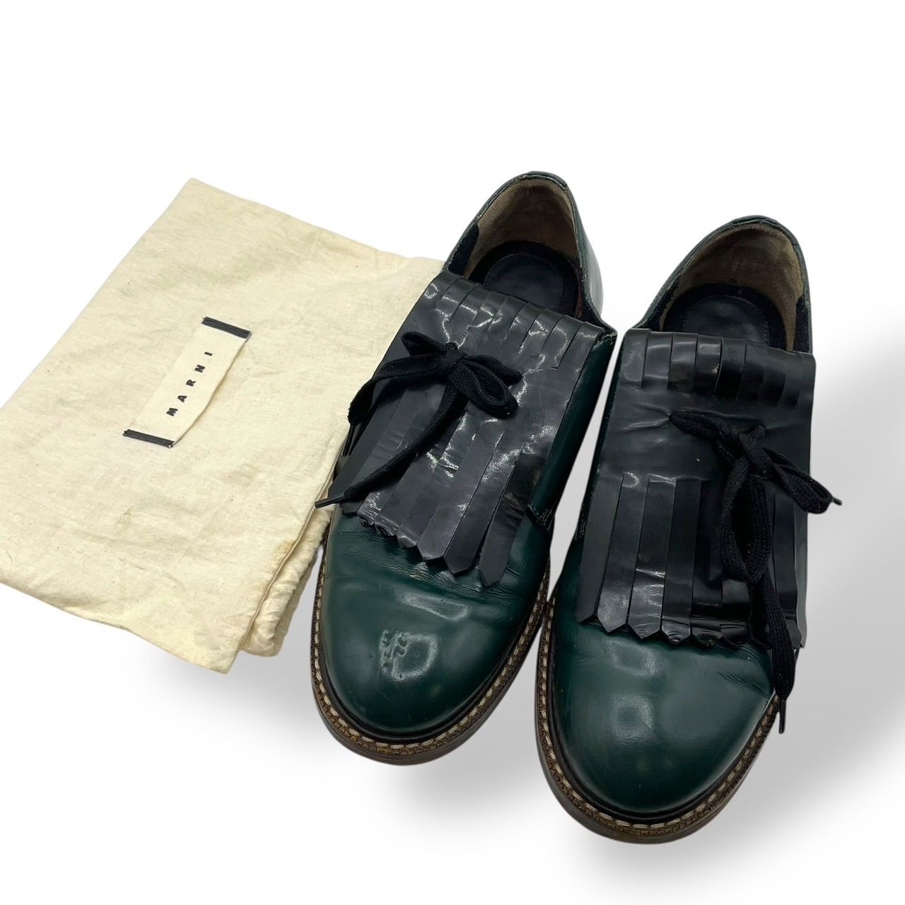 美品 MARNI マルニ レザーシューズ フリンジ レースアップ 革靴 緑