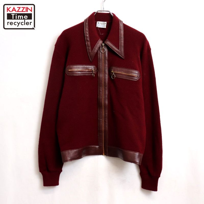 70s vintage レザー切り替え ジップアップ ニットカーディガン メンズ