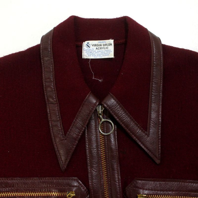 70s vintage レザー切り替え ジップアップ ニットカーディガン メンズ