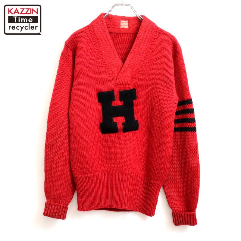 70s USA製 レタードニット vintage 40s vintage Vネック ウール レタード ニットセーター メンズ Sサイズ