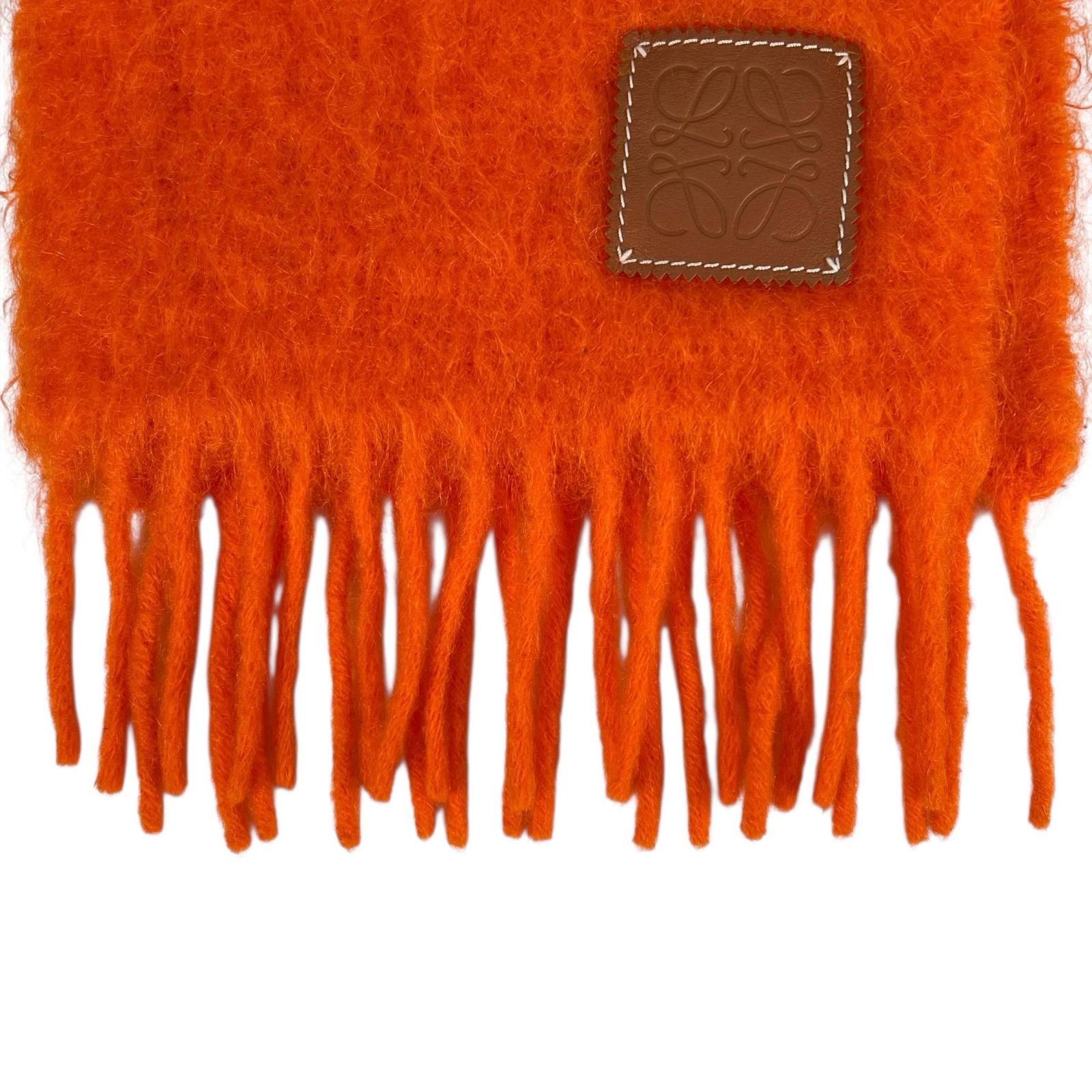 LOEWE ロエベ オレンジ×ブラウン マフラー ストール 美品 極美品△LOEWE ロエベ モヘア ウール アナグラムレザーパッチ フリンジ