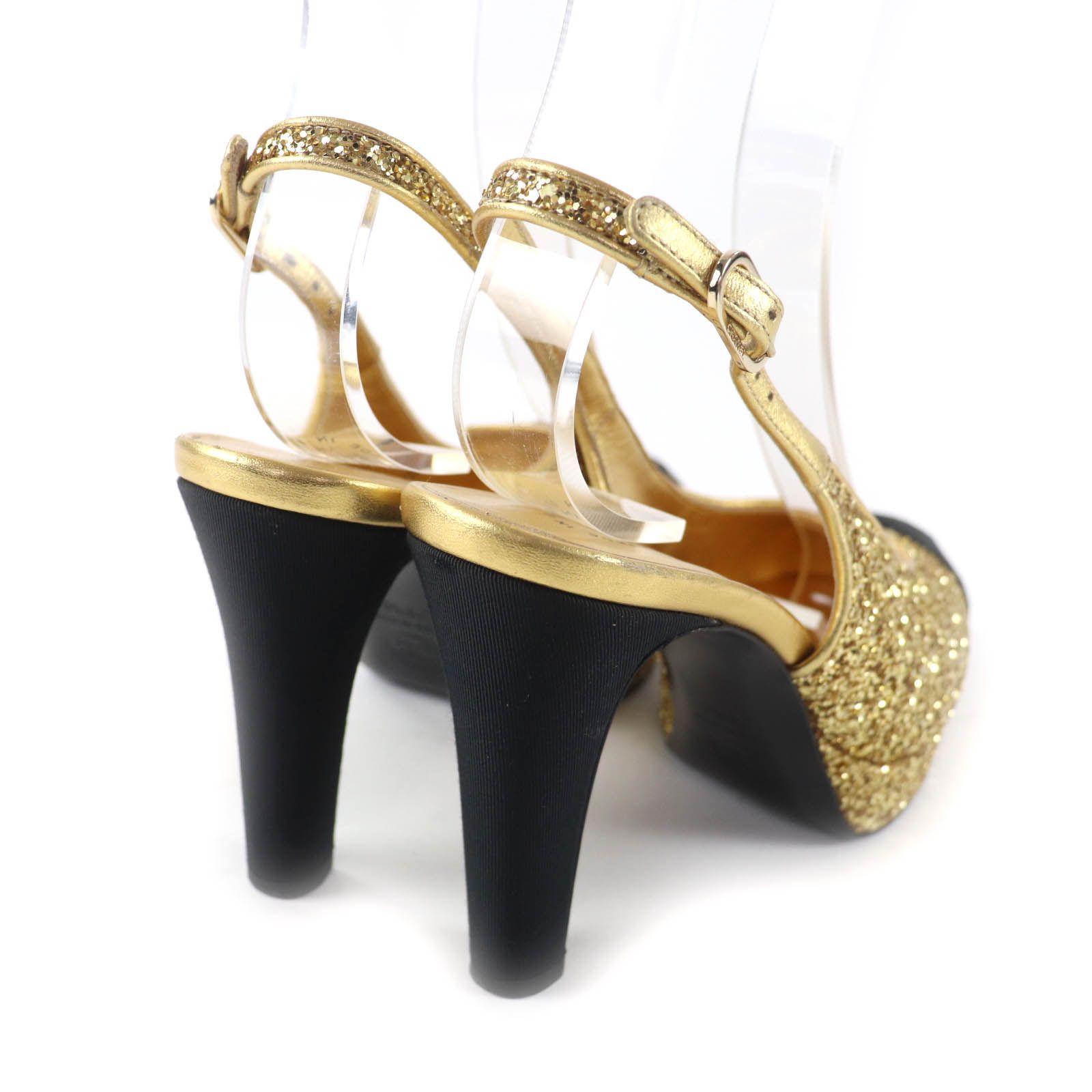 15360✨CHANEL サテンパンプス パールストラップ 36 ゴールド シャネル CHANEL パンプス ヒール オープントゥ アンクルストラップ