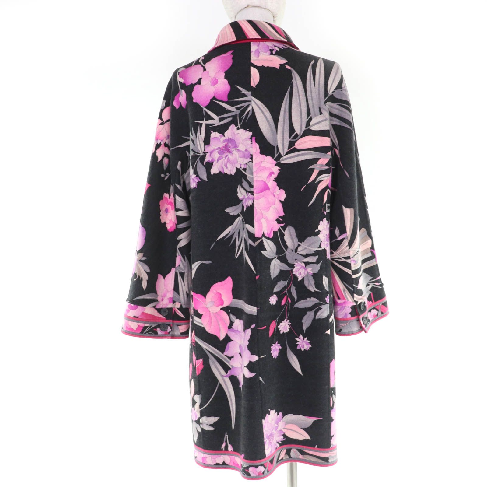 美品✨レオナール フーデットコート ロング アンゴラ混 花柄 ブラック