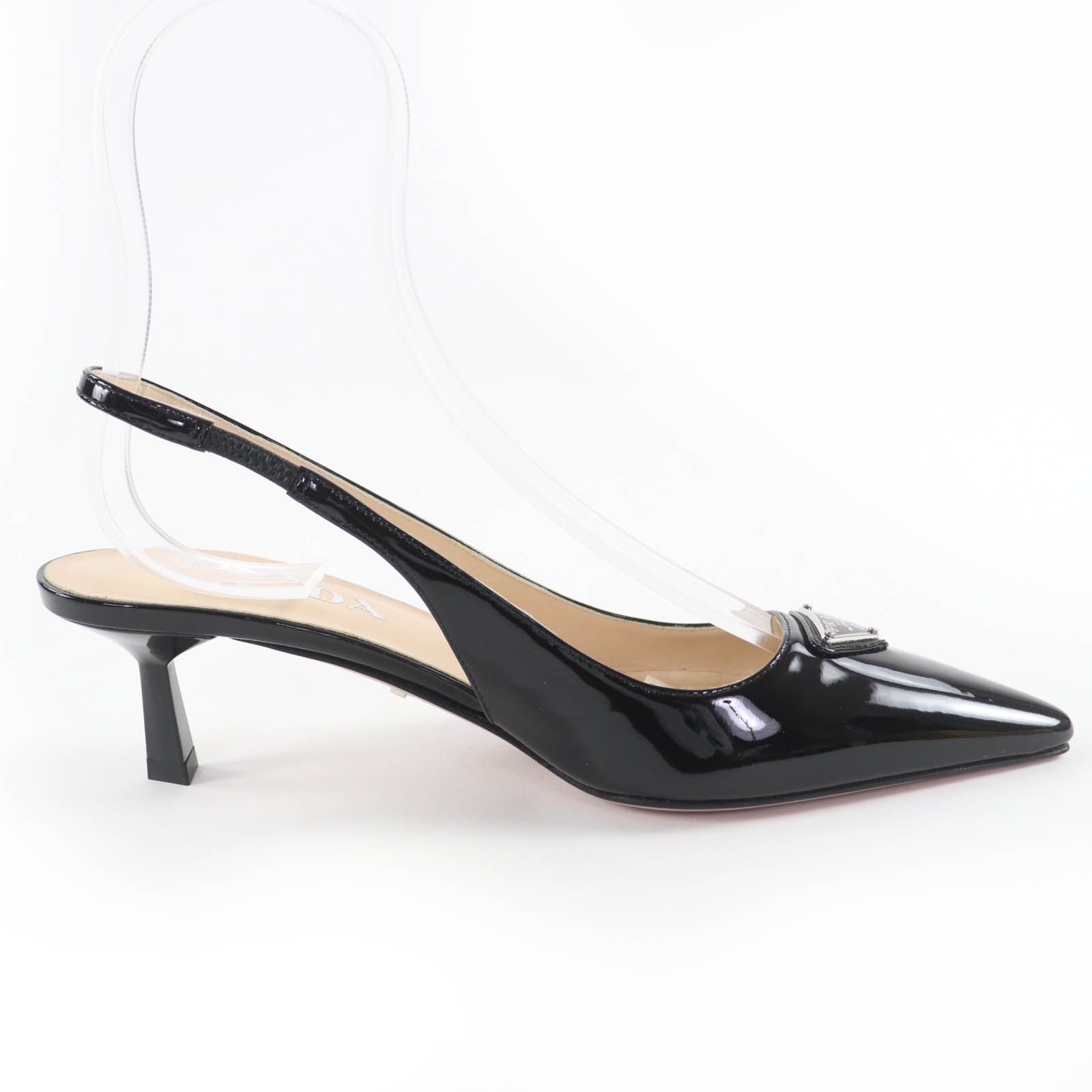 プラダ トライアングルロゴ パテント パンプス ストラップ ブラック 極美品☆PRADA プラダ トライアングルロゴプレート パテントレザー