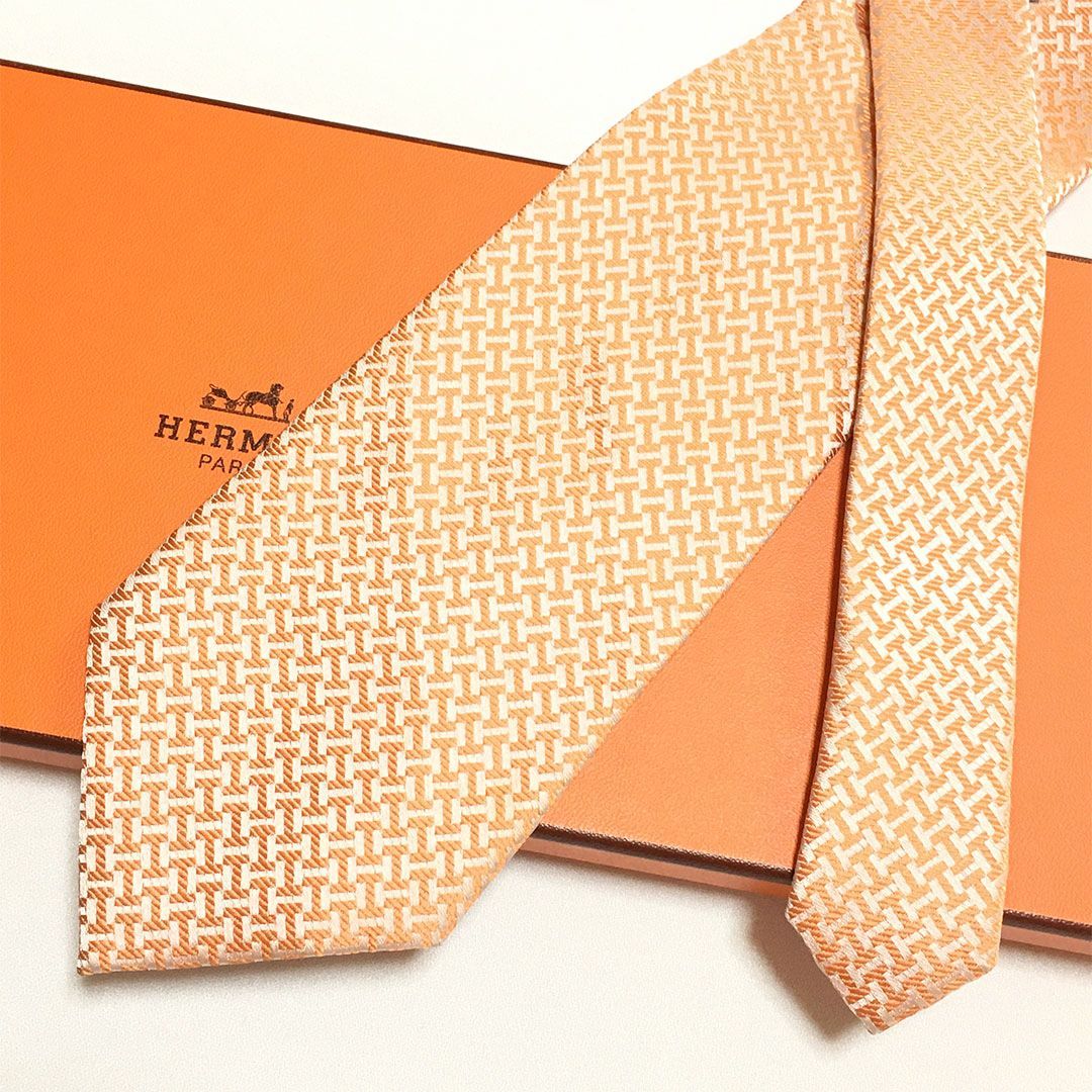 未使用級 エルメス HERMES ネクタイ シルク100% オレンジ H柄 2512-201
