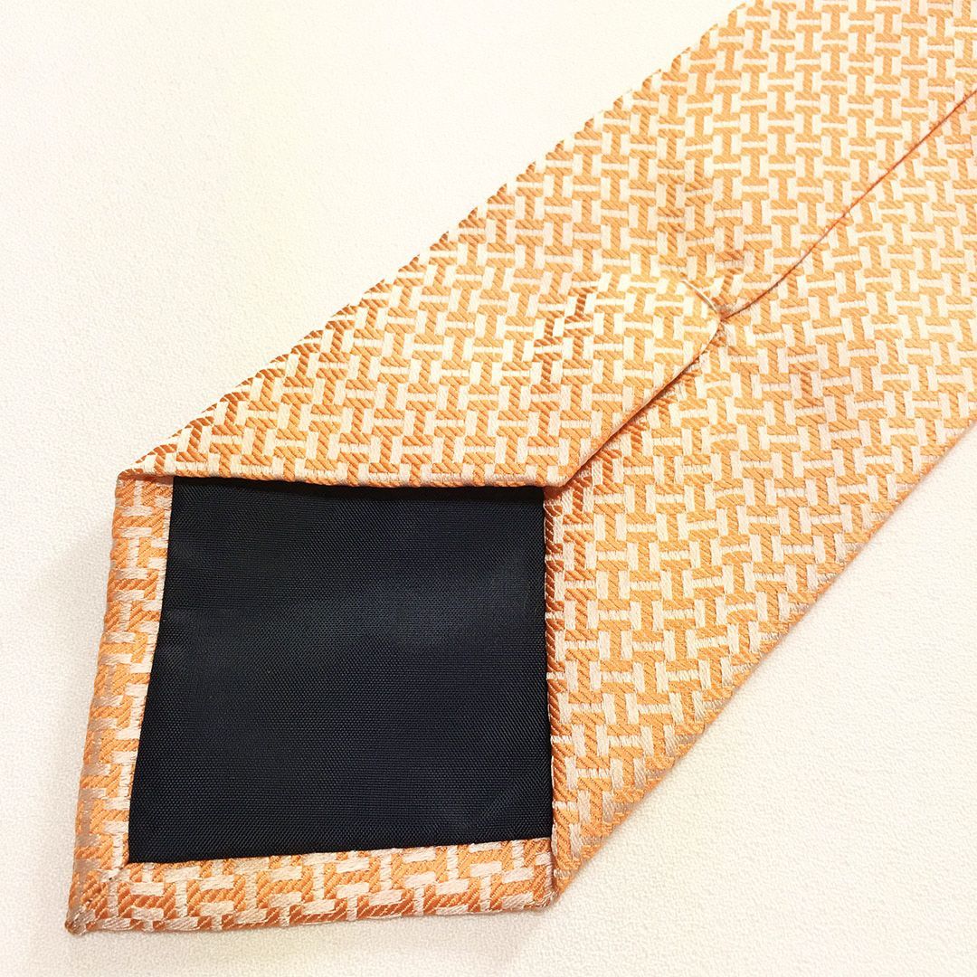 未使用級 エルメス HERMES ネクタイ シルク100% オレンジ H柄 2512-201