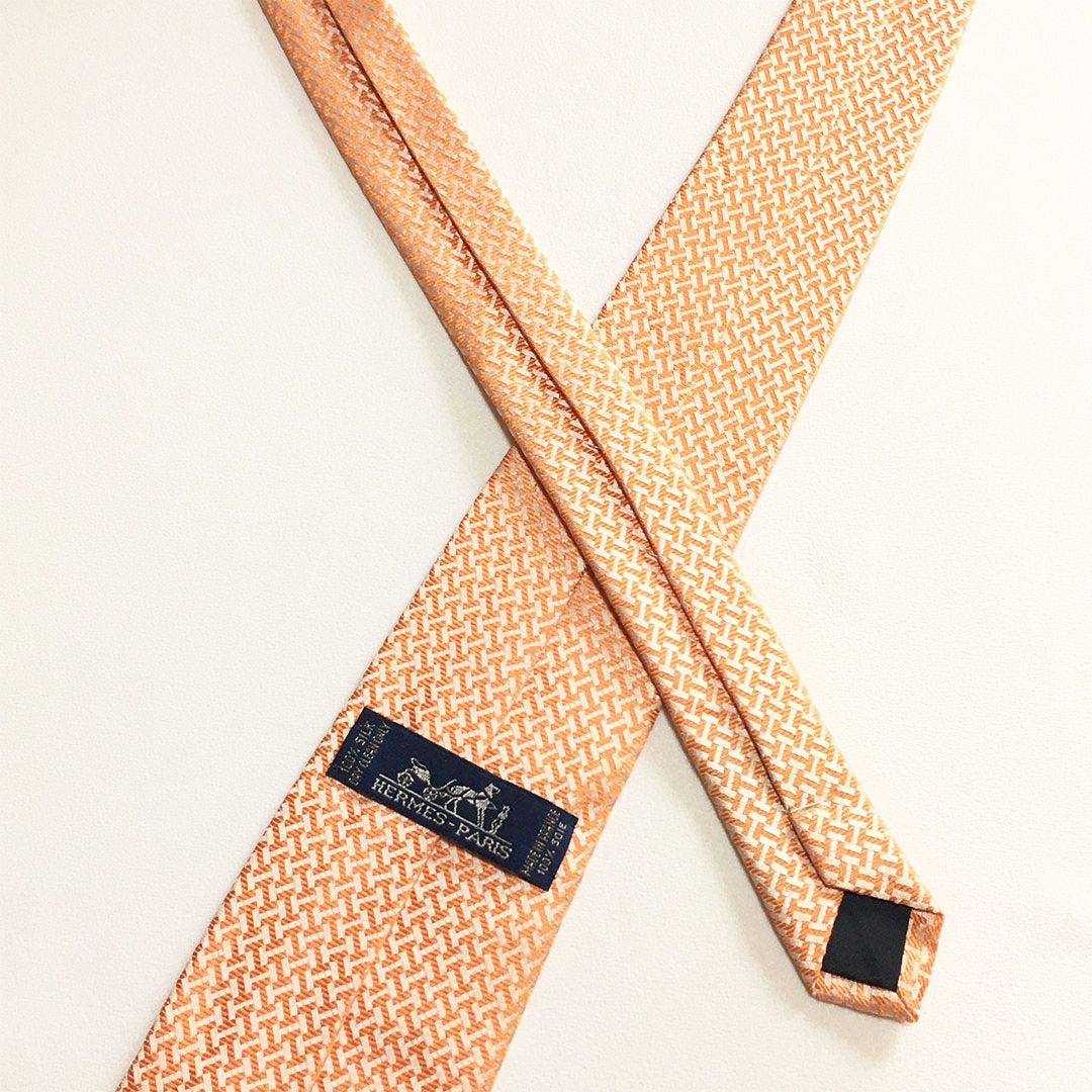 未使用級 エルメス HERMES ネクタイ シルク100% オレンジ H柄 2512-201