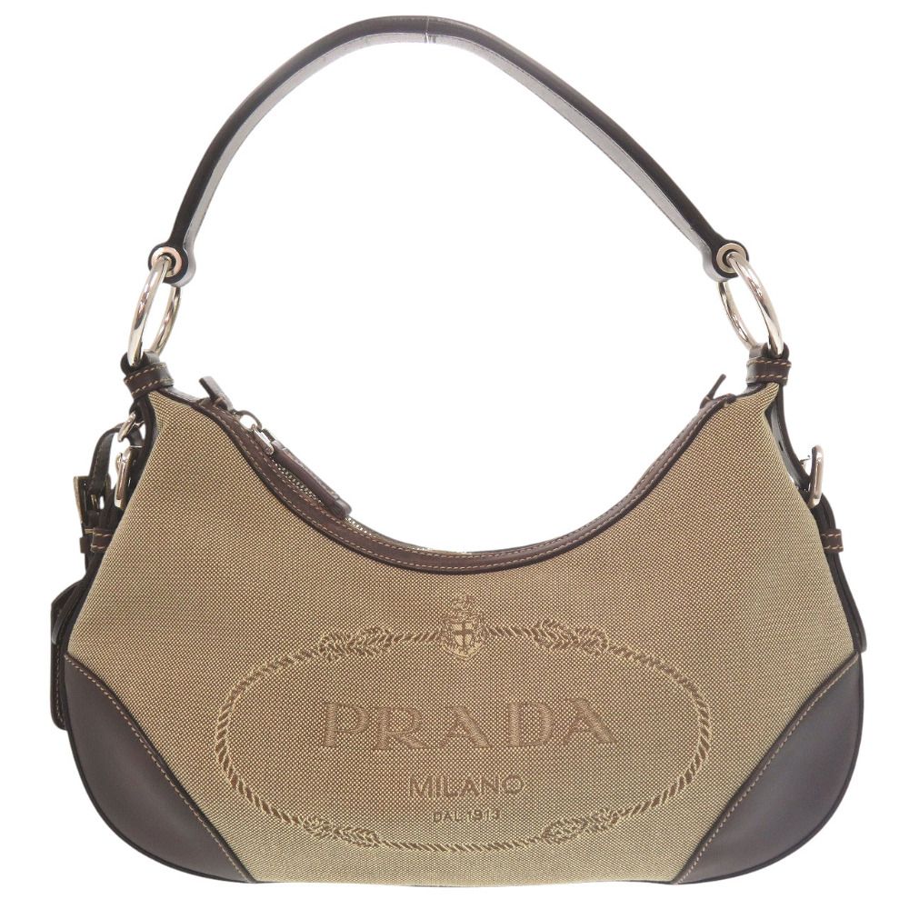 美品 プラダ ロゴ ジャガード キャンバス BR3429 シルバー金具 セミショルダー ワンショルダー ショルダーバッグ  レザー ブラウン 0505【中古】PRADA 美品 プラダ ロゴ ジャガード キャンバス BR3429 シルバー金具