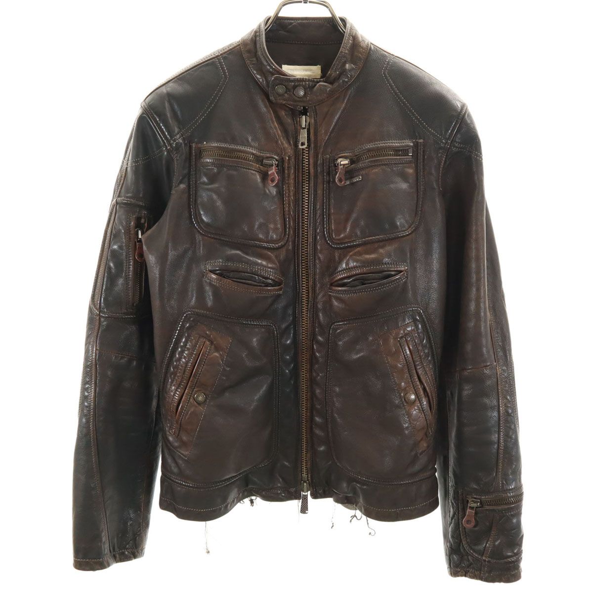 DIESEL ディーゼル ポーランド製 牛革レザー シングルライダースジャケット S ダークブラウン メンズ 古着