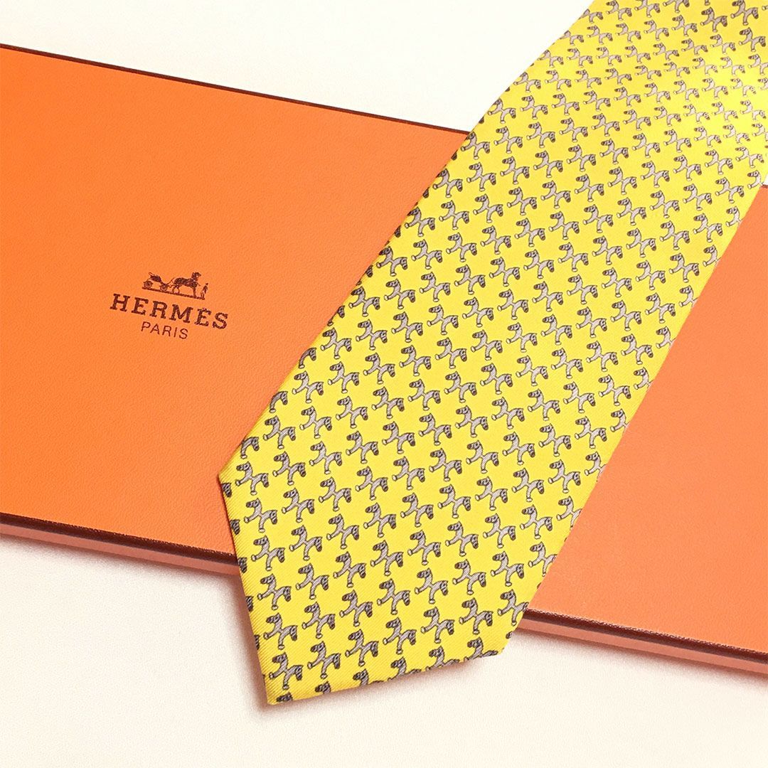 未使用級 エルメス HERMES ネクタイ シルク100% イエロー / グレー