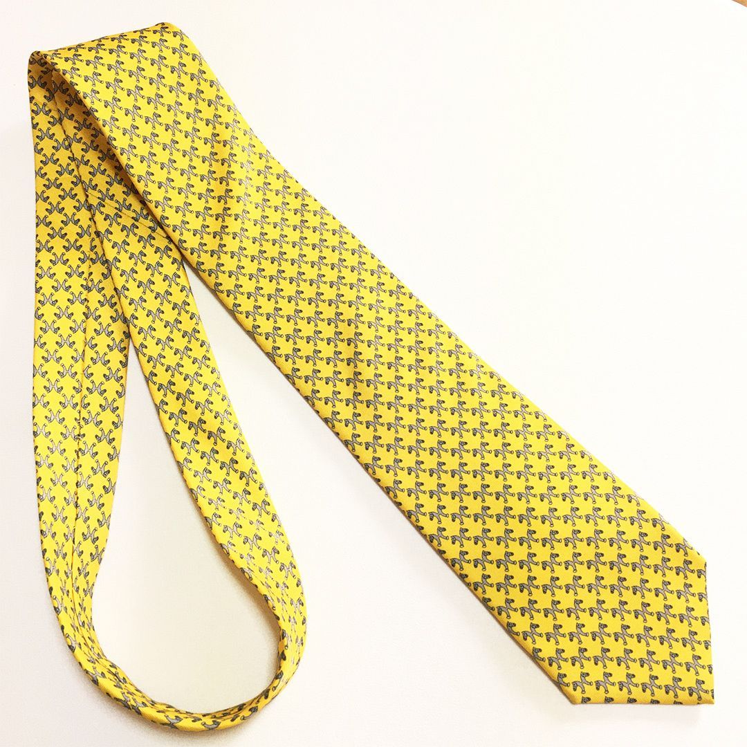未使用級 エルメス HERMES ネクタイ シルク100% イエロー / グレー