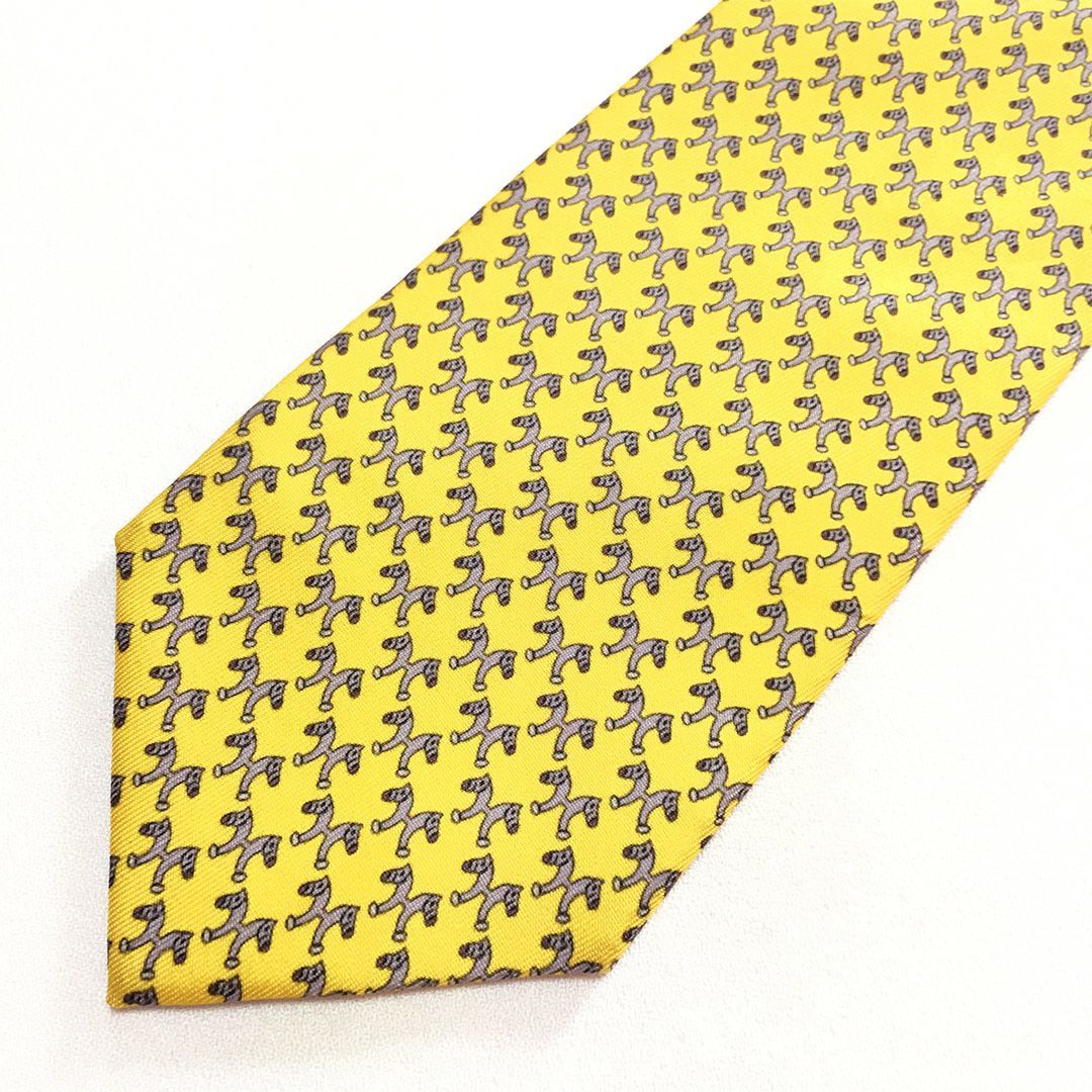 未使用級 エルメス HERMES ネクタイ シルク100% イエロー / グレー