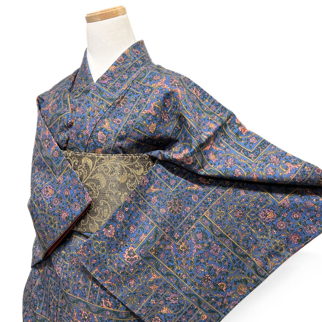 未着用 小紋 紬 唐花 唐草 更紗模様 ブルー 着物 013b d ms - メルカリ