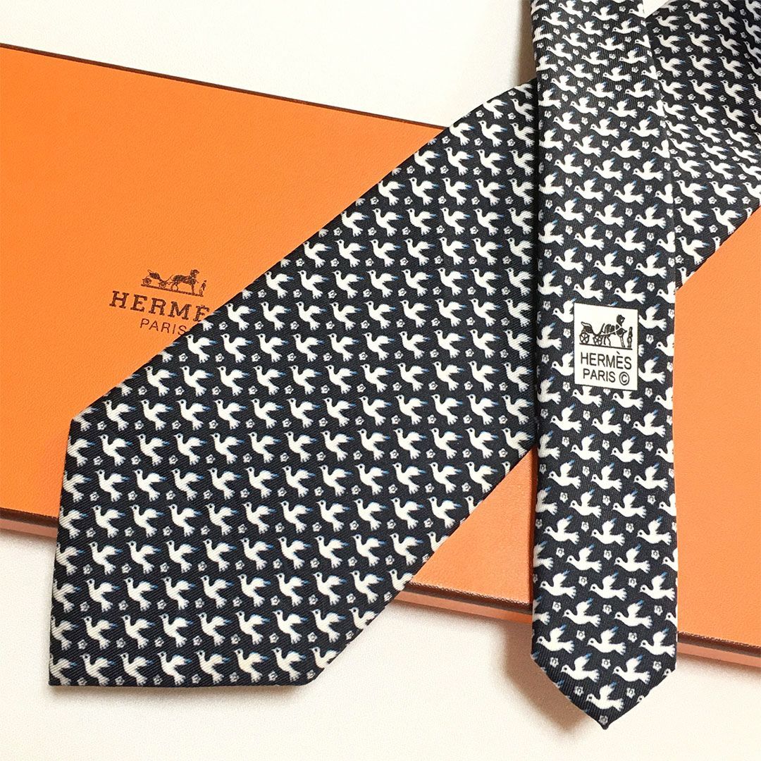 未使用級 エルメス HERMES ネクタイ シルク100% ダークネイビー