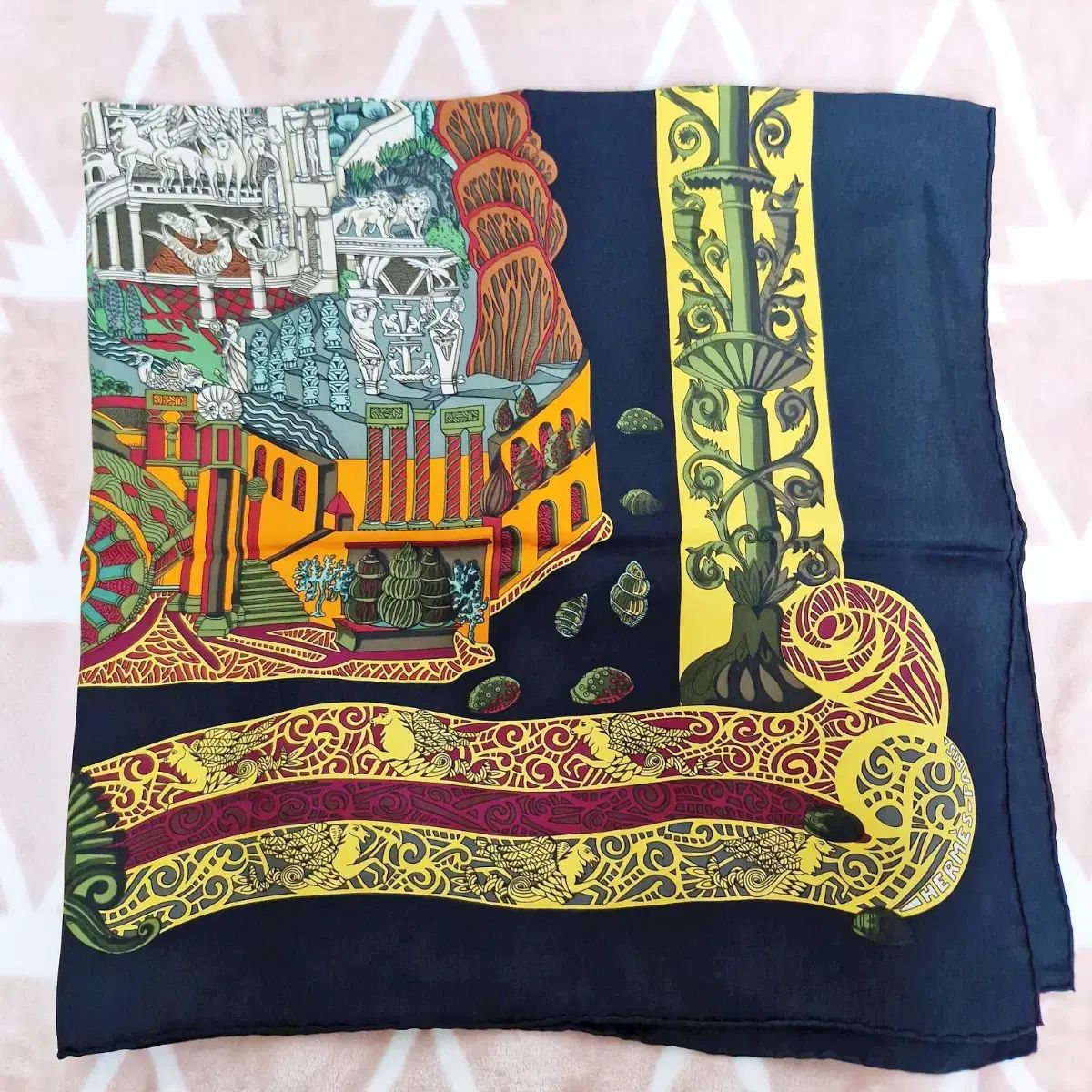 エルメス カレ 90 レア スカーフ L' Atlantide ブラック オレンジ