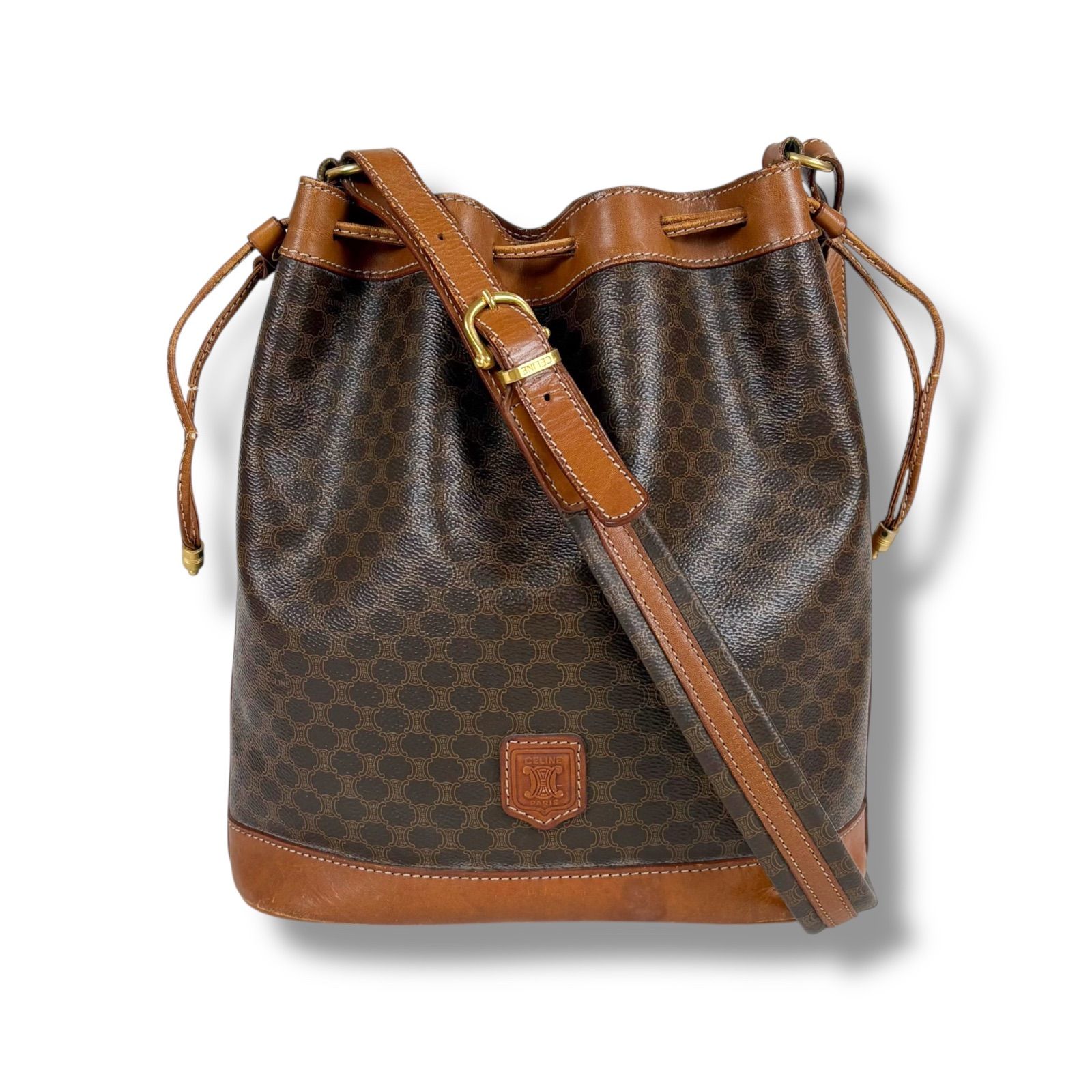 CELINE セリーヌ マカダム柄 ショルダーバッグ 巾着 ブラウン トリオンフ セリーヌ CELINE 巾着型 ショルダーバッグ ブラウン マカダム柄