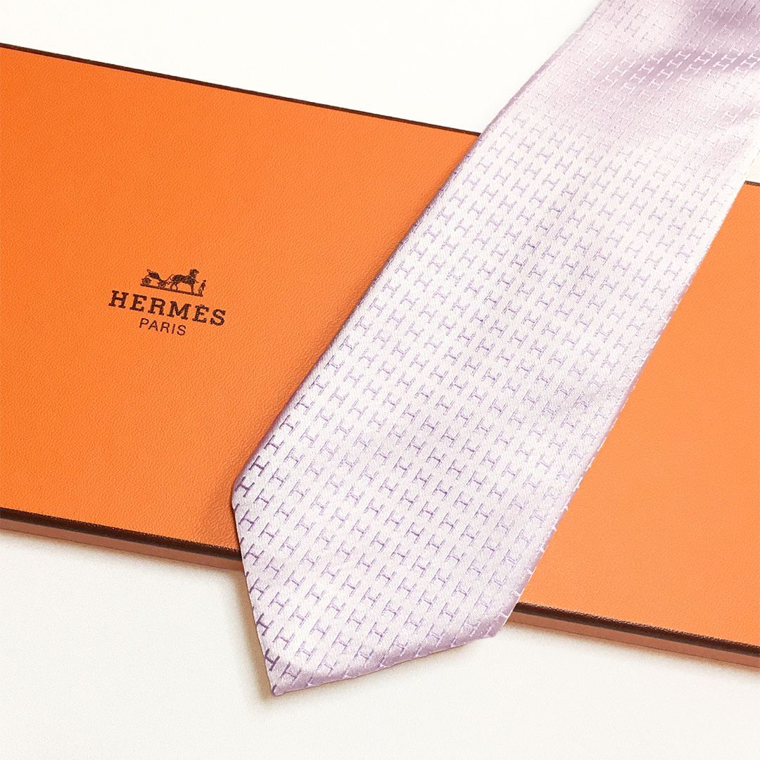 未使用級 エルメス HERMES ネクタイ シルク100% ライト―パープル H柄