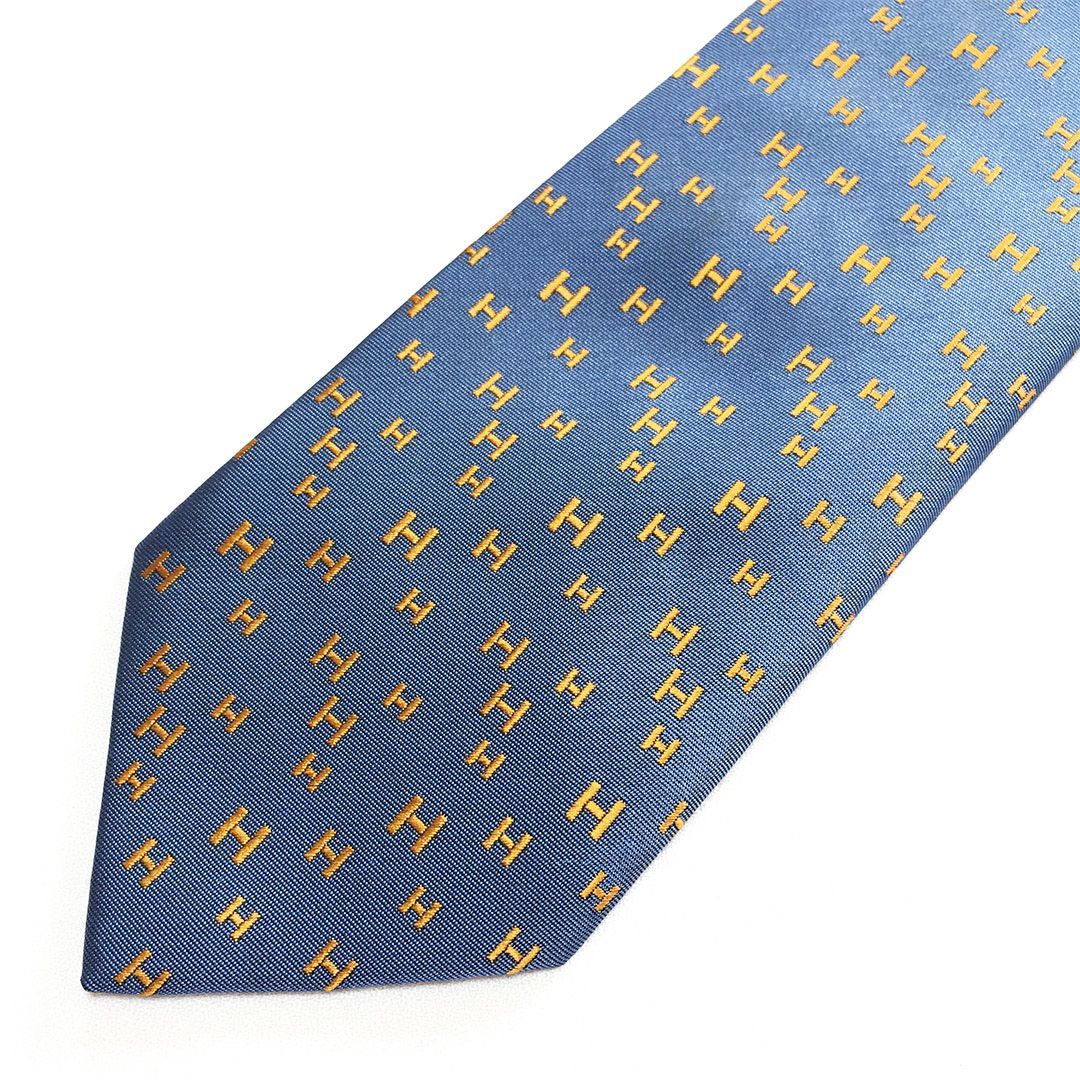 未使用級 エルメス HERMES ネクタイ シルク100% ブルー系 / オレンジ H