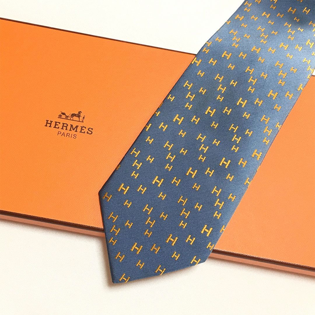 未使用級 エルメス HERMES ネクタイ シルク100% ブルー系 / オレンジ H