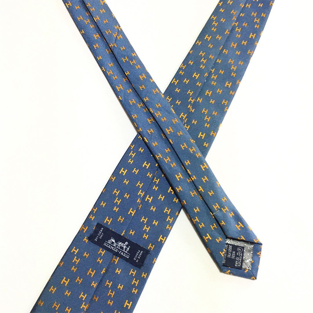 未使用級 エルメス HERMES ネクタイ シルク100% ブルー系 / オレンジ H