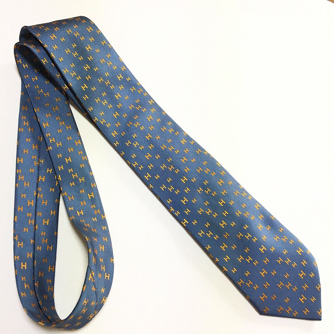 未使用級 エルメス HERMES ネクタイ シルク100% ブルー系 / オレンジ H