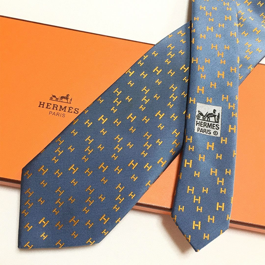 未使用級 エルメス HERMES ネクタイ シルク100% ブルー系 / オレンジ H