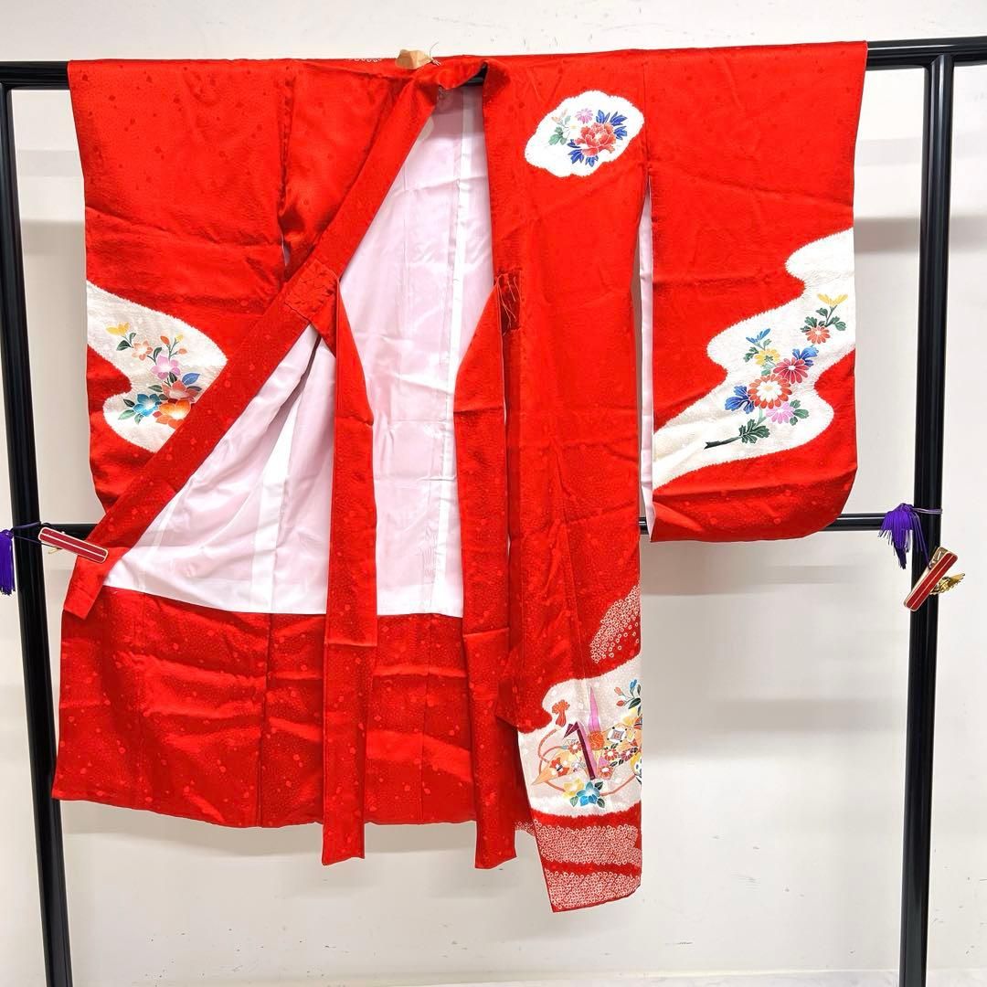 511agu21□七五三 7歳 女児 着物のみ 金彩 鞠 花 折鶴□美品 子供用着物 七五三 金彩 絞り 折り鶴 蹴鞠 牡丹 四季花模様 着物 106tz