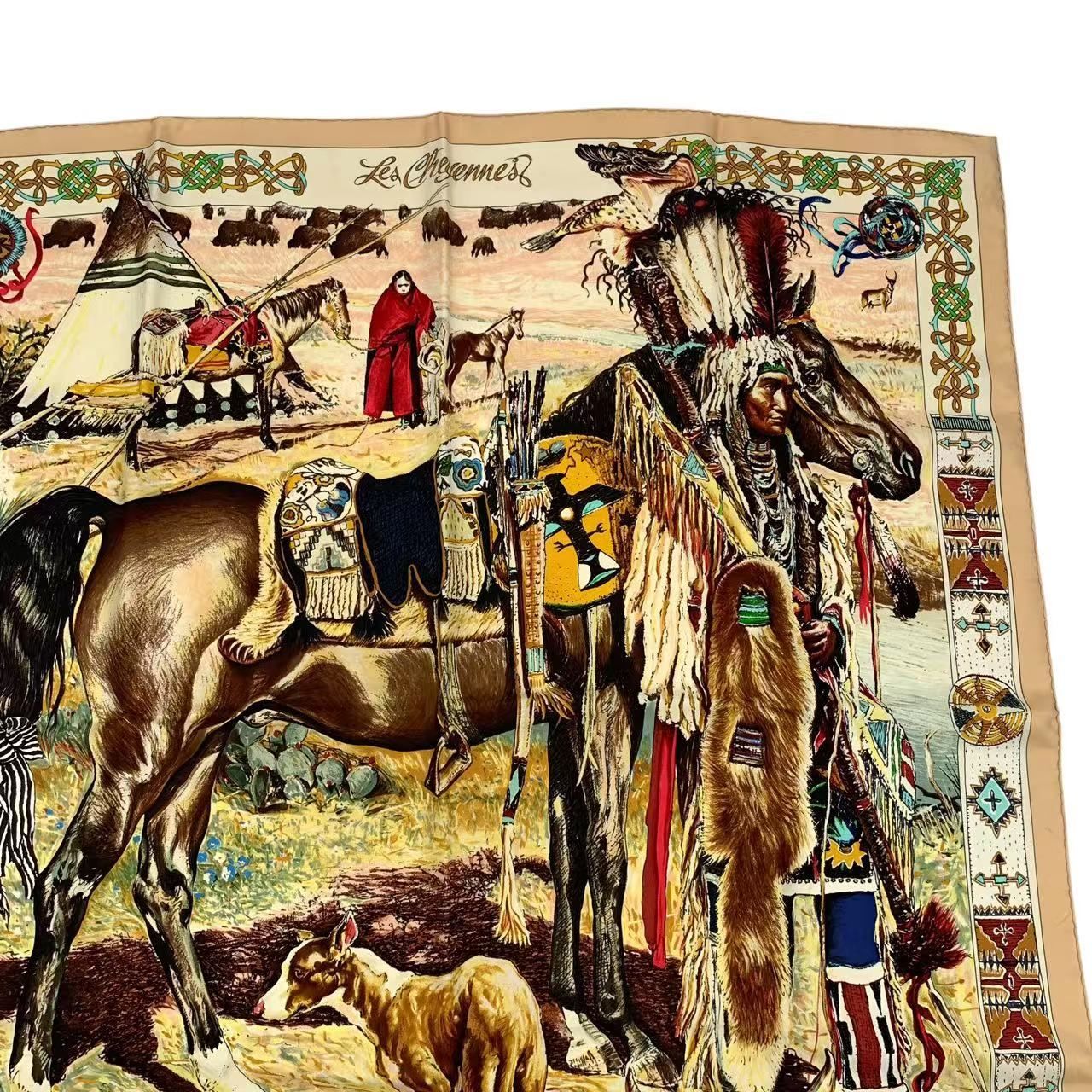 新品同様 HERMES エルメス シルク スカーフ Les Cheyennes シャイアン