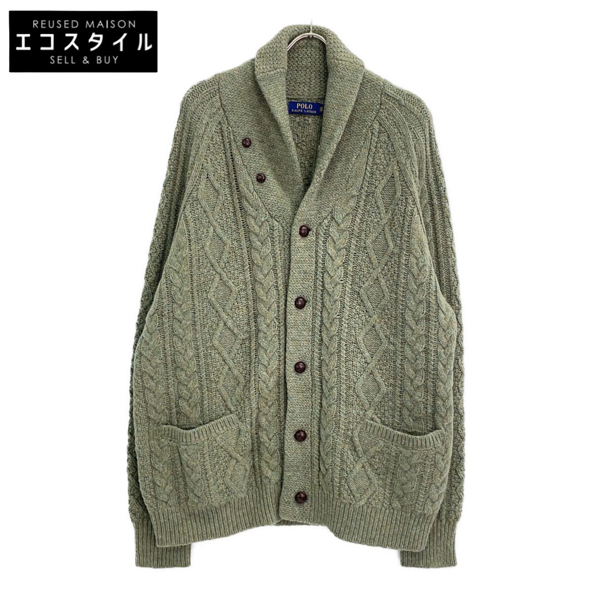 POLO RALPH LAUREN ポロ ラルフローレン ｸﾞﾘｰﾝ ｶｼﾐﾔｳｰﾙ混 ｹｰﾌﾞﾙ編み