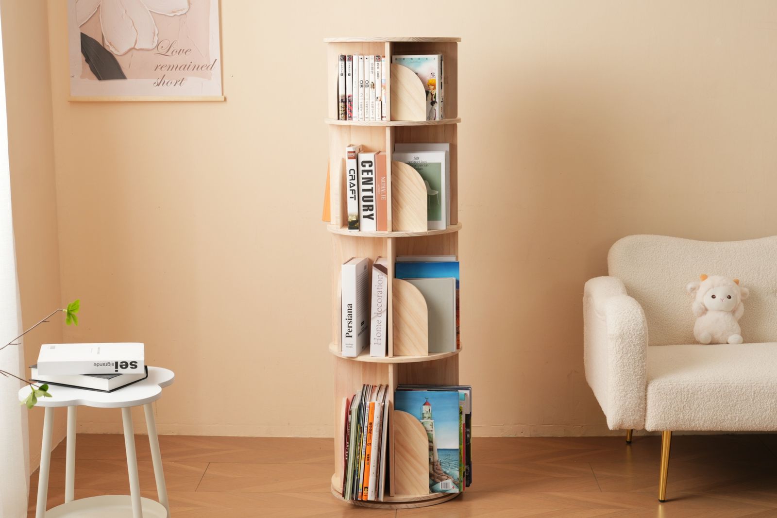 5段-回転盤-マルチ高さ】無垢材 回転式本棚 飾り棚 絵本棚 360°回転