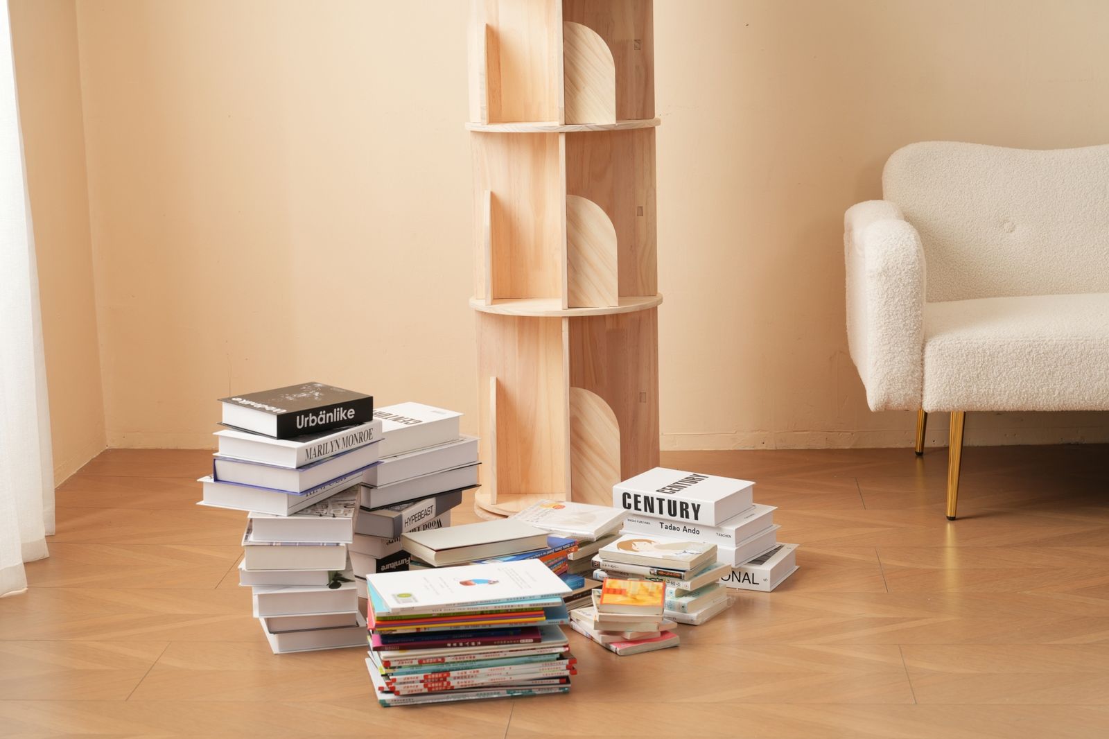 5段-回転盤-マルチ高さ】無垢材 回転式本棚 飾り棚 絵本棚 360°回転