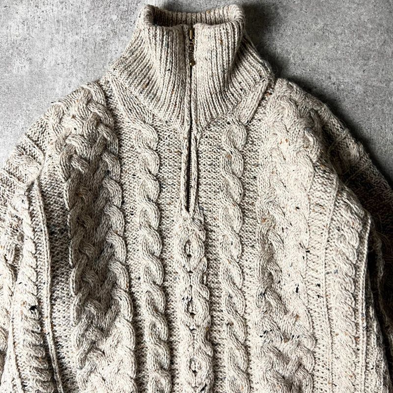 アイルランド製 Carraig Donn ハーフジップ ウール フィッシャーマン ニット セーター L / アラン アランセーター ネップ ベージュ