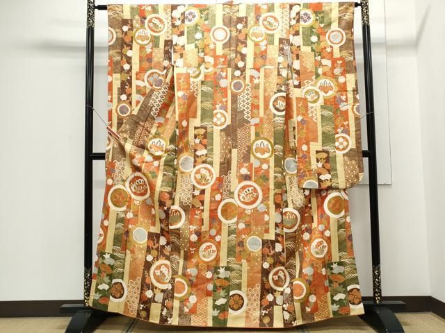 平和屋着物▽豪華振袖 駒刺繍 花蝶丸文 金通し地 正絹 逸品 CABB7193th