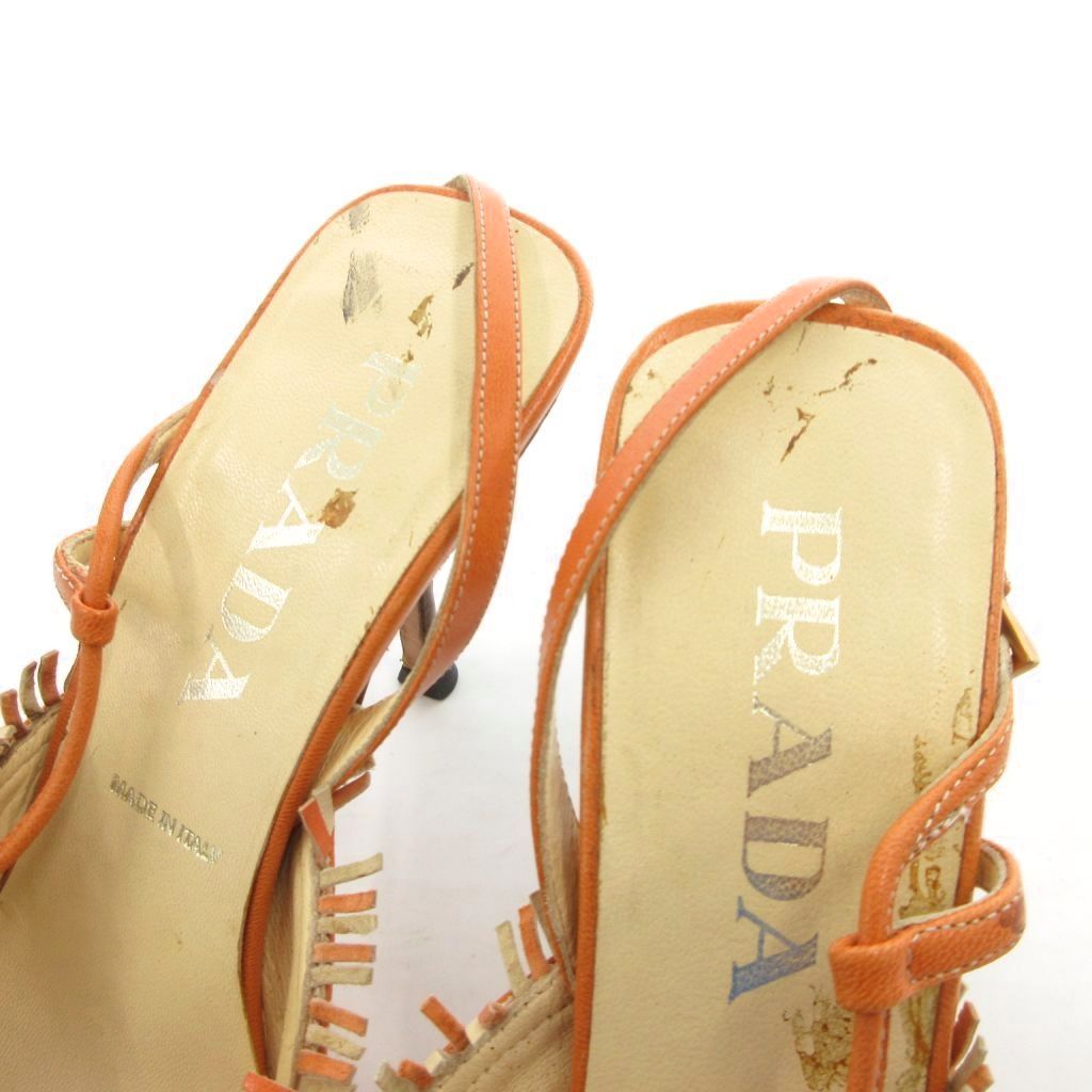 プラダ PRADA サンダル ミュール レザー 35 オレンジ 編み込み ポイン