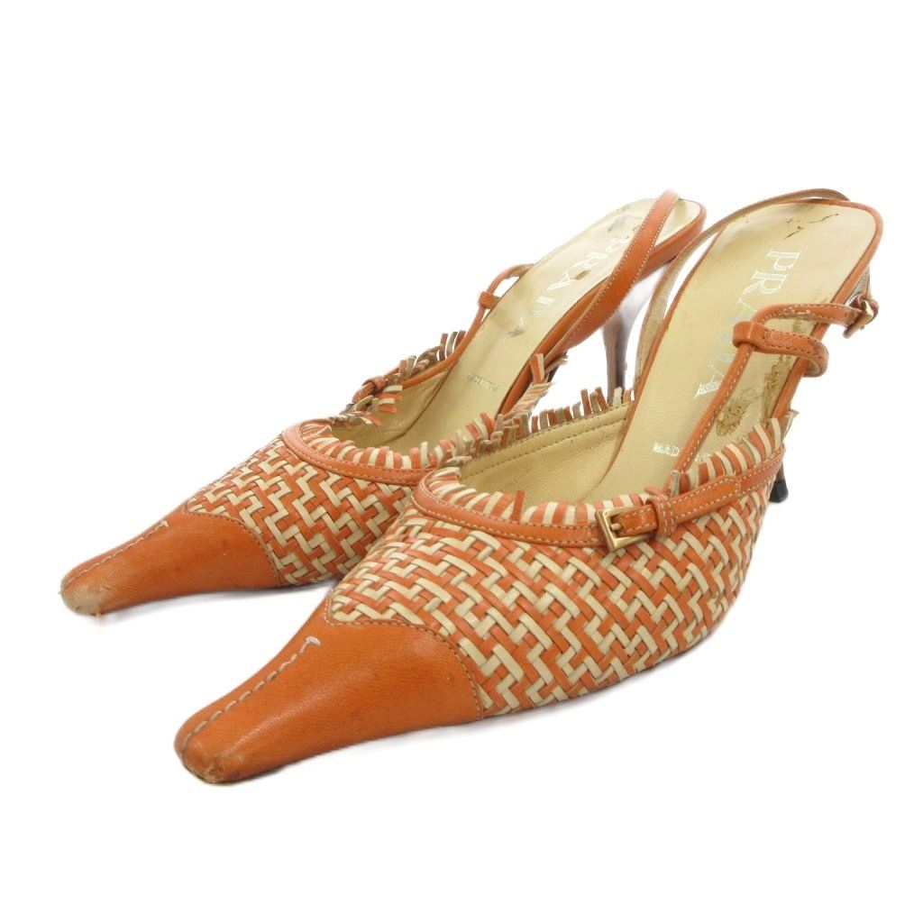 プラダ PRADA サンダル ミュール レザー 35 オレンジ 編み込み ポイン