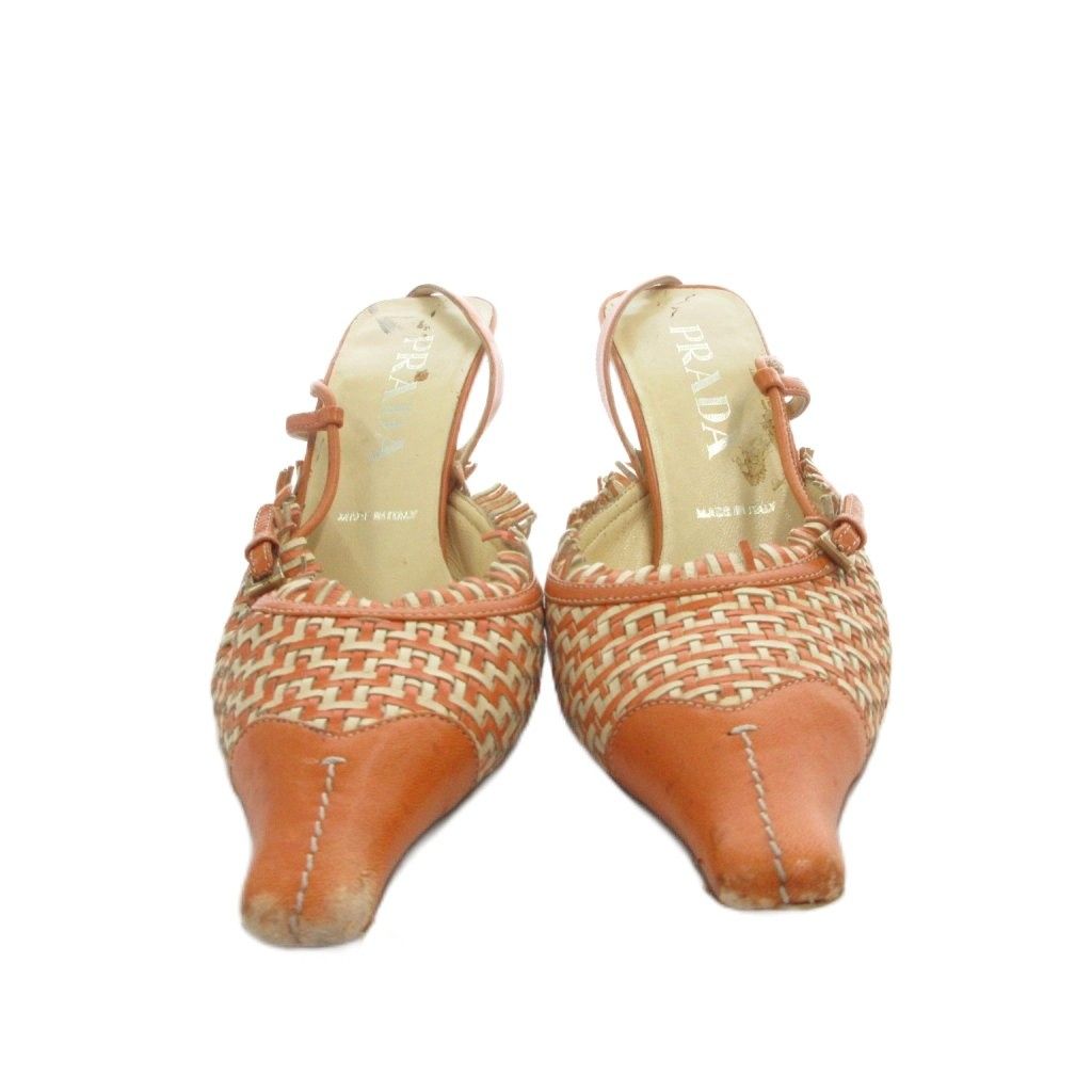 プラダ PRADA サンダル ミュール レザー 35 オレンジ 編み込み ポイン