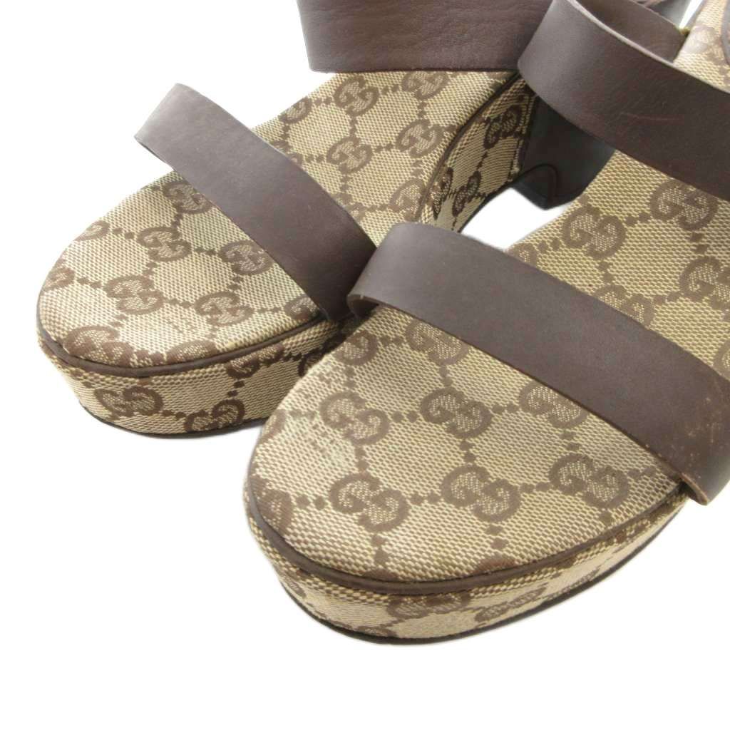 グッチ GUCCI サンダル GGキャンバス 36 レザー 茶 ブラウン
