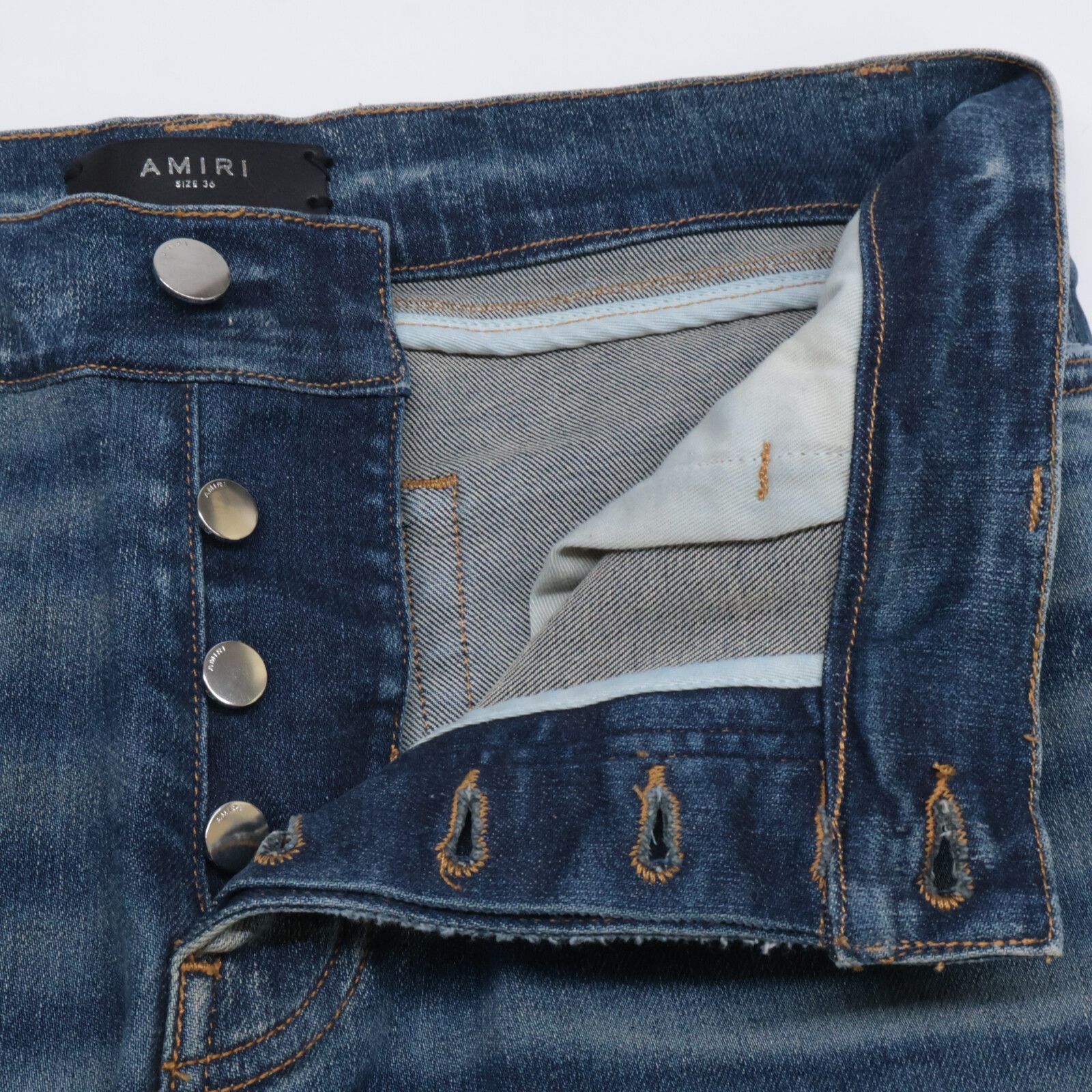 AMIRI アミリ ｲﾝﾃﾞｨｺﾞ MX-1 蛇腹ﾊﾞｲｶｰ ﾀﾞﾒｰｼﾞ加工 ﾃﾞﾆﾑ ﾃｰﾊﾟｰﾄﾞﾊﾟﾝﾂ