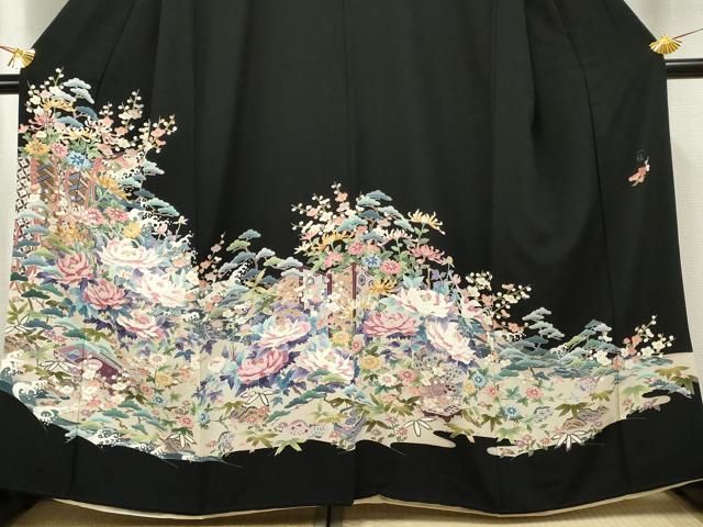 平和屋着物●本加賀友禅作家　染元千紅代表　寺西一紘　黒留袖　吉祥草花文　正絹　逸品　AABF5175cs 平和屋着物○本加賀友禅作家 染元千紅代表 寺西一紘 黒留袖 吉祥草花文